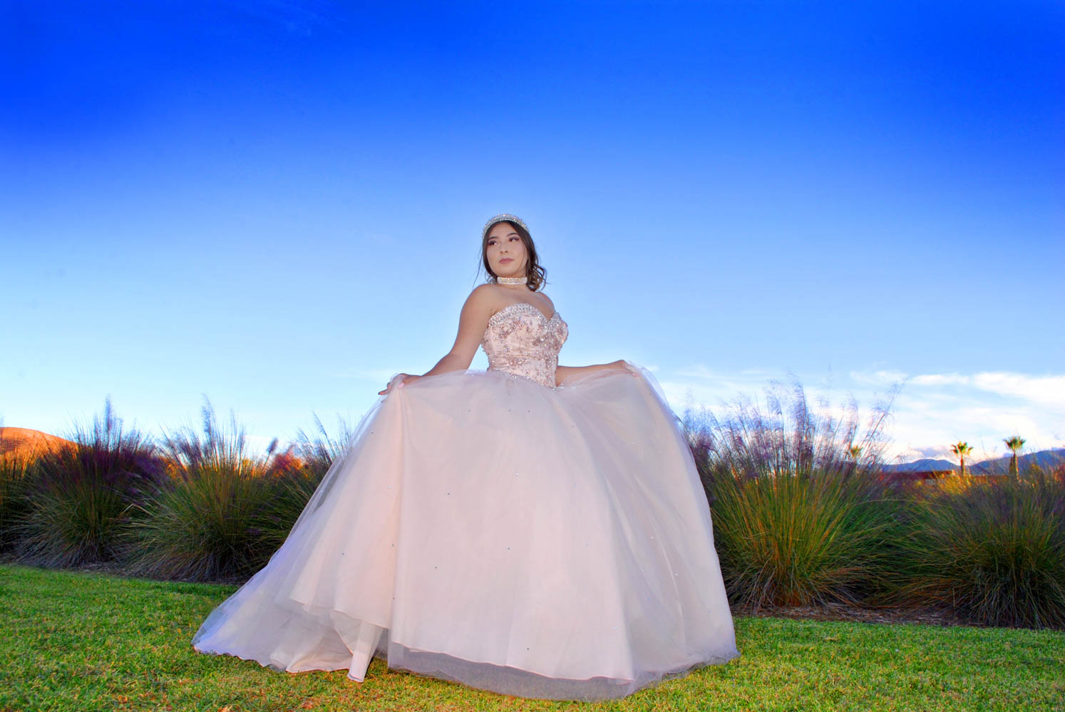 Quinceañera con vestido rosa al aire libre